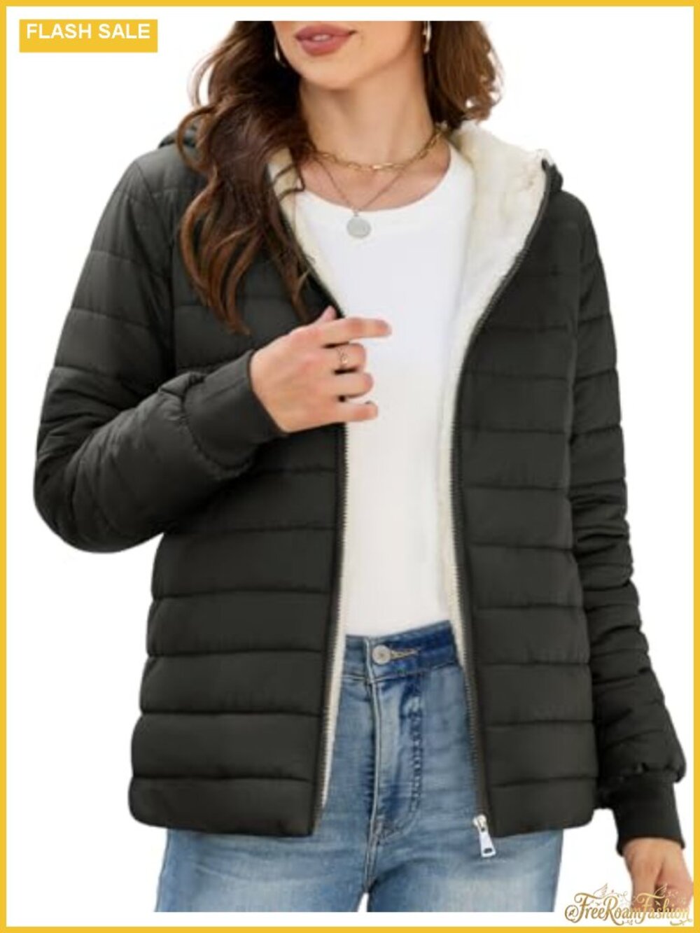 Womens Lightweight Puffer Jacket Fleece Lined Hooded Zip Up